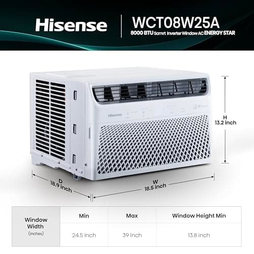 Hisense 8,000 BTU Smart Inverter Window Air Conditioner, 3 modes (Cooling, Fan, Dehumidifier), Easy Installation,Ultra Quiet, 37.6% more Energy Saving, 2 Years Warranty 3