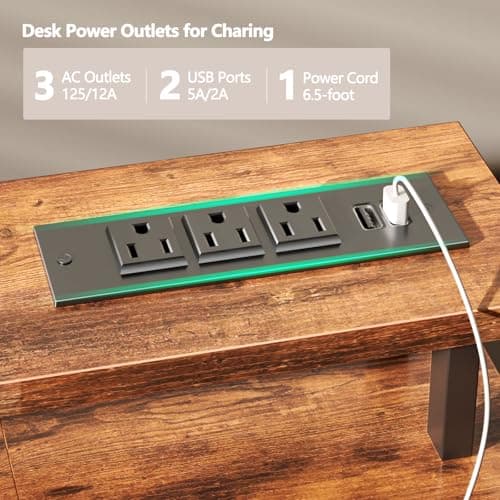 Furologee 47" Computer Desk with 4 Fabric Drawers & Monitor Stand, Gaming Desk with Power Outlets - LED Lights, Home Office Space-Saving Study Table for Bedroom Small Spaces (Rustic Brown) 4