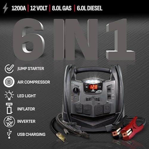 Schumacher Electric 1200A Car Battery Jump Starter and Portable Power Station, 6-in-1 Solution for 12V Batteries, 150-PSI Air Compressor, 200 Continuous/400 Peak Watt Inverter, SJ1332 2