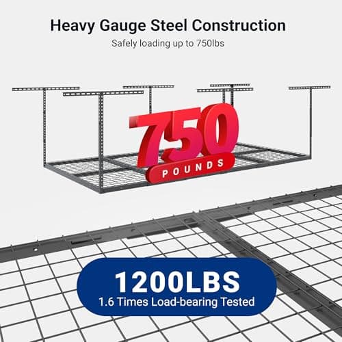 FLEXIMOUNTS 4x8 Overhead Garage Storage Rack, Adjustable Organization System, Heavy-Duty Metal Ceiling Racks, 750lbs Weight Capacity, Hammertone, Classic Series 4