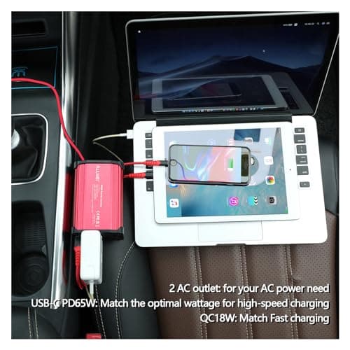 ALLWEI 300W Power Inverter DC 12V to 110V AC, Compact Car Plug Adapter Outlet with 65W PD USB-C &18W USB-A Fast Charging, Cigarette Lighter Adapter Car Charger for Phone, Laptop on Road Trip - Red 4