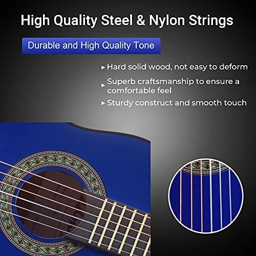 ADM Beginner Acoustic Classical Guitar 30 Inch Nylon Strings Wooden Guitar Bundle Kit for Kid Boy Girl Student Youth Guitarra Online Lessons with Gig Bag, Strap, Tuner, Extra Strings, Picks,Blue 5