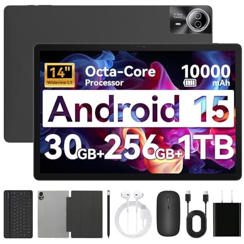 URAO Tablet｜14 inch Android 15 Tablet｜30GB RAM 256GB ROM｜1920 * 1200 IPS FHD｜10000mAh 30W Fast Charging｜Octa-core Processor｜Wi-Fi 6, BT 5.4｜Dual Camera with Keyboard｜Mouse｜Stylus｜Case｜Headphone