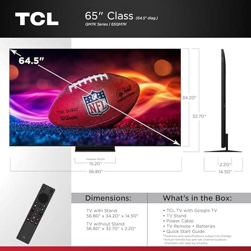 TCL 65 Inch Class QM7K Series | Mini LED QLED 4K HDR | 65QM7K, 2025 Model | 120HZ-144HZ Anti Reflective Screen Smart Google TV Dolby Atmos Onkyo Audio | Voice Remote Alexa Gaming Streaming Television 2