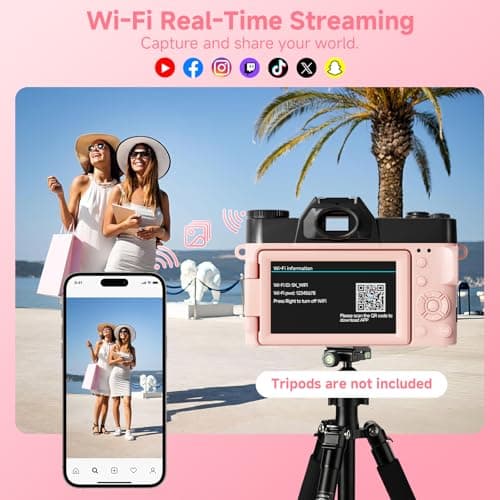 5K Digital Camera for Photography,UHD 75MP WiFi Vlogging Camera for YouTube,Compact Camera with 3" 180°Flip Screen,64GB SD Card,16X Digital Zoom,2 Batteries,Perfect for Beginners and Teens,Pink 2