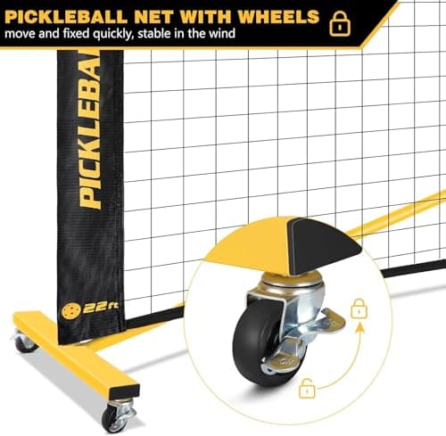 Pickleball Net with Wheels, Portable 2-in-1 Pickle Ball Net with Ball Collector,22FT Regulation Size & 11FT Half Court Size, Carry Bag, Steady Metal Frame for Outdoor Indoor Driveway (Black&Yellow) 3