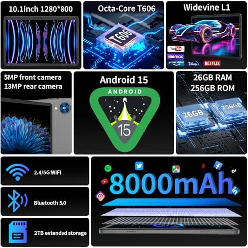 YLEEBG Android 15 Tablet with Keyboard, 26GB+256GB(2TB Expand), 10.1 Inch Tablet 8000 mAh Battery, BT 5.0, 5G WiFi, Widevine L1, Dual Camera, 2 in 1 Tab with Mouse, Case, Stylus(Green Case) 2