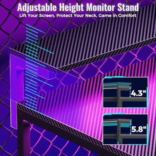 PRAISUN 61.7" Gaming Desk with LED Lights & Outlets, Computer Desk with 3 Fabric Drawers, PC Desk with PC Case Stand & Movable Storage Shelves, Monitor Stand, Reversible, Carbon Fiber Black 5