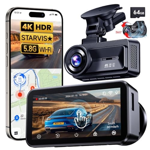 COOLCRAZY 4K Dash Cam Front and Rear with Touch Screen & STARVIS Sensor,5.8Ghz Wi-Fi,GPS,64GB Card,Night Vision Dashcam,G-Sensor,Loop Recording,App Control,24H Parking Monitor Car Camera