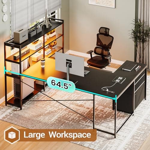 SEDETA L Shaped Gaming Desk, Reversible U Shaped Computer Desk with Power Outlet and Storage Shelves, Corner Gaming Desk with LED Lights, 3 Fabric Drawers, Black 3