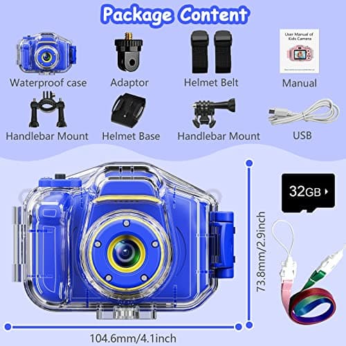 DEKER Kids Waterproof Camera, Christmas Birthday Gifts for Boys Girls Toys 3-12 Year Old, Underwater Mini Children HD Digital Action Camcorder, 2 Inch IPS Screen with 32GB Card (Dark Blue) 2