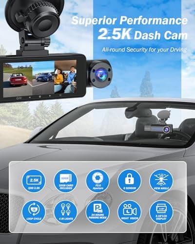 Dash Cam Front and Rear, 2.5K+1440P Triple Car Camera with 32GB Card, 3 Channel Dash Camera for Cars, G-Sensor, 3.16” IPS Screen, 24Hr Parking, 170°Wide Angle, Loop Recording, IR Night Vision, Blue 3