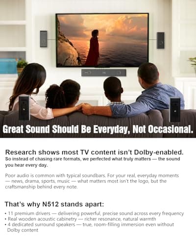 Wooden 5.1.2 Sound Bars, 4 Surround Speakers, 400W Peak Power, TV Speaker Surround Sound System, Soundbar for Smart TV w/Subwoofer, 5.25'' Deep Bass, Home Theater System, ARC/OPT/BT/AUX, HiPulse N512 5