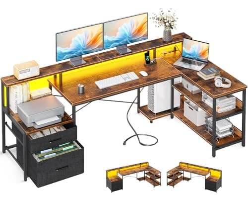 ODK 75" L Shaped Desk with File Drawers, L Shaped Office Desk with Power Outlet & LED Strip, Reversible Computer Desk with Storage Shelves, Gaming Desk with Monitor Shelf, Corner Table, Vintage