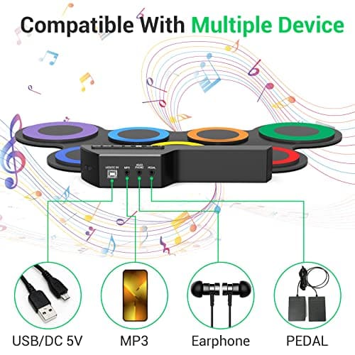 ROCKSOCKI Electric Drum Set, 7-Pad Kids Electronic Drum Set with Headphone Included, Roll-up Drum Practice Pad, Great Holiday Xmas Birthday Gift for Kids 5