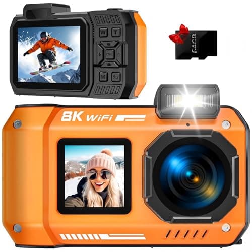 8K UHD 70MP WiFi Digital Camera with 64GB Card Rugged Waterproof Dustproof Shockproof 33FT Underwater Camera Dual-Screen Selfie for Snorkeling Autofocus Point and Shoot Digital Camera (Orange)