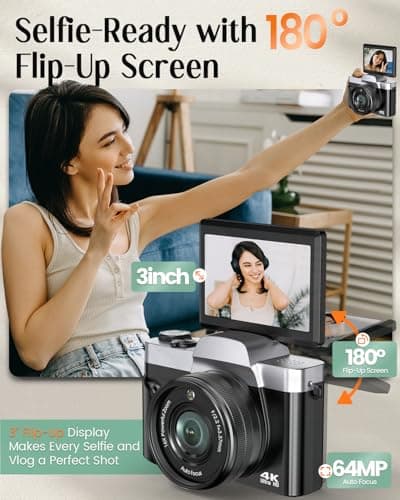 4K Digital Camera for Photography with WiFi,64MP Autofocus Vlogging Camera for YouTube,3'' 180° Flip Screen Compact Travel Camera for Teens with 32GB SD Card,16X Zoom,Anti-Shake,2 Batteries(Black) 3