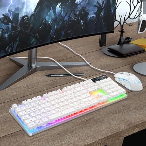 Gaming Keyboard and Mouse Combo, K1 RGB LED Backlit Keyboard with 104 Key for PC/Laptop(White) 5