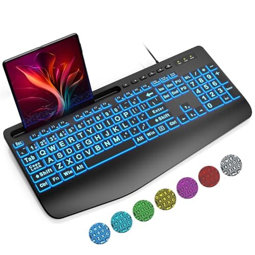SABLUTE Large Print Backlit Keyboard, Wired USB Computer Keyboards with 7-Colors Backlight, Wrist Rest, Phone Holder, Oversized Letter Keys Easy to See and Type for Laptop, PC, Windows, Black