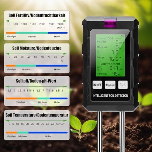 Voktta 6 in 1 Soil Meter, PH/Temperature/Humidity/Light, Dual Sample Technology Soil Tester, PH Value Meter, for Potting Soil, Garden, Farm, Lawn, Vegetable Garden 3