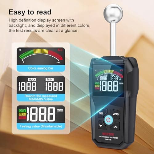 MESTEK Pinless Moisture Meter for Wood, Walls & Drywall, Digital Moisture Detector, Concrete Moisture Meter & Firewood Reader, Detects up to 40mm Below Surface with 3-Color LCD Display, Audible Alarm 3