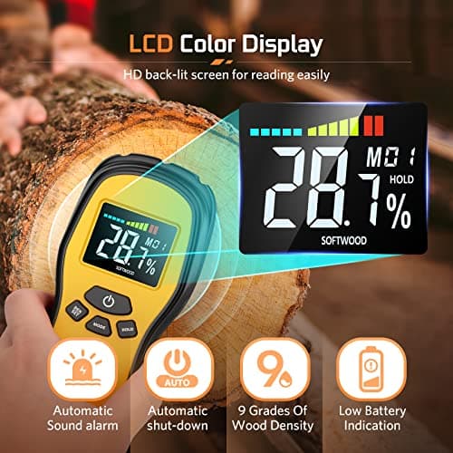 Pinless Moisture Meter - Povlen Wood Moisture Meter Digital Moisture Detector for Lumber Drywall Firewood Masonry Woodworking Plaster Floor Concrete Building with LCD Display Sound Alarm 5