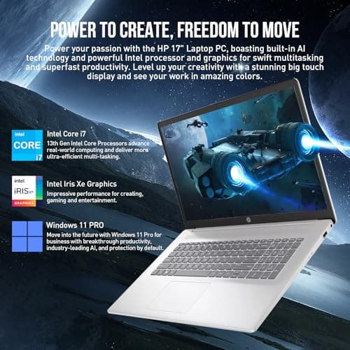 HP 17 Inch Laptop Touchscreen Computer, 17.3" HD+ Touch Screen Business Laptop PC, Intel Core i7,Windows 11 Pro, Backlit 10-Key, Fingerprint, 16GB RAM 512GB SSD 3