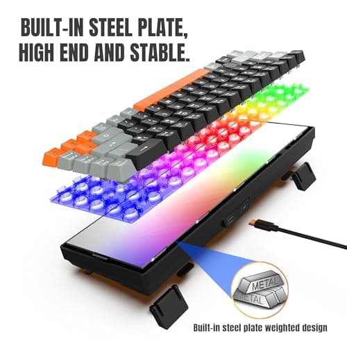 Snpurdiri 60% Wireless Gaming Keyboard and Mouse Combo,Rainbow Backlit Rechargeable 2000mAh Battery,Mini Mechanical Feel Keyboard + Popular RGB Mice for Gaming,Business Office(Gray-Black-Orange) 4