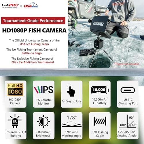 [FishPRO® 2026 Upgrade] NO.1 HD 1080P Underwater Fishing Camera 7'' IPS- w/10,000mAh (Ease To Use) Ice Fishing Camera Underwater, Fish Finder Camera for Ice Lake Boat Fishing w/USB-C, LED+IR, 25m/82ft 4