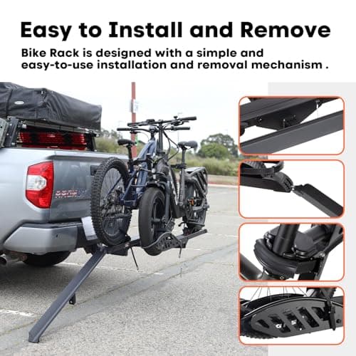 CRAVOT EBike Rack with Ramp, 200 lbs Capacity Heavy Bike Rack Electric Bike Carrier for 2 E-Bike, Foldable Bike Racks for Tow Hitch Up to 5-inch Fat Tire 2'' Receiver 3