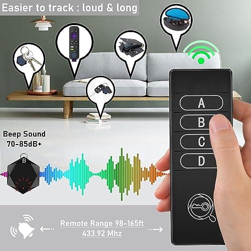 Luubom Key Finder 80DB+ Tracking Devices, Item Locator Tags with 164ft, Wireless Locator for Finding Wallet Phone Glasses Pet, 1 RF Transmitter & 4 Receivers 3