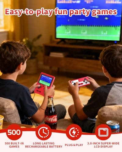 Handheld Games for Kids, Preloaded 500 Retro Classic Video Games, Portable Arcade Handheld Game Console with 3'' IPS Screen and Rechargeable Battery, Mini ravel Game system， Gifts for Boys Girls (red) 2