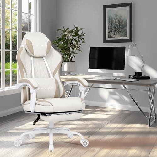 Misolant Gaming Chair, Fabric Gamer Chair with footrest for Adults, High Back Ergonomic Computer Game Chair with Adjustable Headrest and Massage Lumbar Support, 90-155° Recline Free, Beige 2