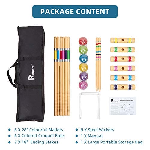Pointyard Six Player Croquet Set, 28’’ Croquet Set with Wooden Mallets/Colored Ball/Wickets/Stakes for Adults/Teenager/Family-Perfect for Lawn/Backyard Game/Park (Includes Carry Bag) 5
