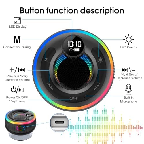 Bluetooth Speaker, Shower Speaker Stereo Sound, IPX7 Waterproof Speakers, Digital Display Portable Speaker with Suction Cup, LED Light, Small Wireless Speakers for Outdoor Party Beach Bathroom, Black 3