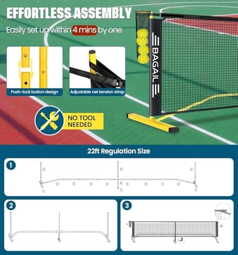BAGAIL Portable Pickleball Net Set, 22 FT Regulation Size Pickle Ball Net with Ball Collector, Carry Bag, Easy Setup for Outdoor Indoor Driveway - Yellow 4