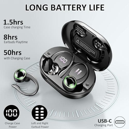 Wireless Earbuds Sports, Bluetooth 5.4 Headphones Hifi Stereo, 50H Playback Over-Ear buds with ENC Noise Cancelling Mic, Earphones with Earhooks, IP7 Waterproof Fitness Headset for Gym Running Workout 2