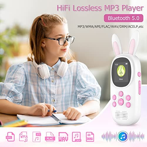 Mp3 Player for Kids, Cute Bunny Kids Mp3 Player with Bluetooth, 32GB Mp3 Players with Speaker, FM Radio, Recordings, Alarm, Pedometer, Stopwatch, Support up to 128GB 2