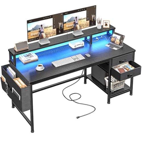 DurayLoly 48" Computer Desk with Drawers & Storage Bag, Gaming Desk with Power Outlets and LED Lights, Office Desk with Monitor Stand for Bedroom Gaming Room, Study Work Home Office, Black