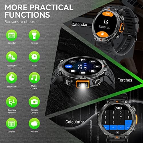 Military Smart Watch for Men (Call Receive/Dial) with LED Flashlight, 1.45" HD Outdoor Tactical Rugged Smartwatch, Sports Fitness Tracker Watch with Heart Rate Sleep Monitor for iPhone Android Phone 5