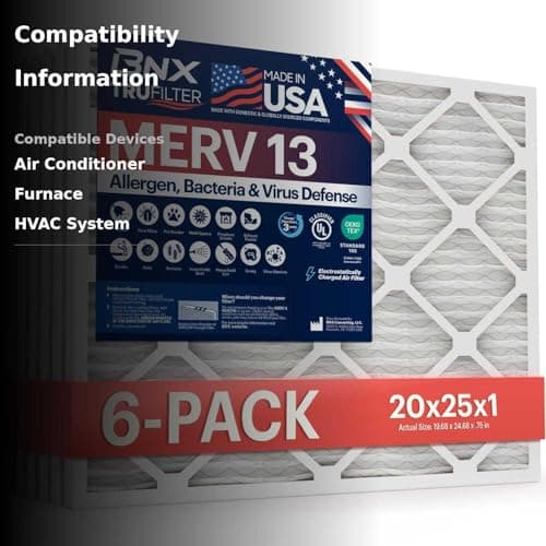 BNX TruFilter 20x25x1 Air Filter MERV 13 (6-Pack) - MADE IN USA - Electrostatic Pleated Air Conditioner HVAC AC Furnace Filters for Allergies, Pollen, Mold, Bacteria, Smoke, Allergen, MPR 1900 FPR 10 3