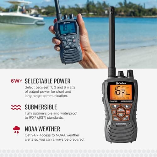 Cobra MR HH350 FLT Handheld Floating VHF Marine Radio - 6 Watt, Submersible, Noise Cancelling Mic, Backlit LCD Display, NOAA Weather, and Memory Scan, Grey 3