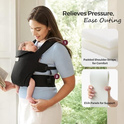 Momcozy Newborn Carrier WeeSnug- Lightweight and Cozy Comfort for 7-25 lbs, Ergonomic Cross-Back Support, Effortless to Put On, Hands-Free Baby Carrier with Lumbar Support, Black 5