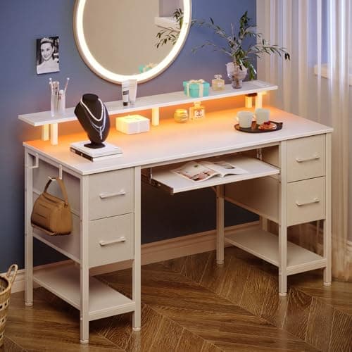Seventable White Computer Desk with Drawers, Gaming Desk with Keyboard Tray, Office Desk with LED Lights & Power Outlets, 47 inch Writing Desk with Monitor Stand for Small Space 2