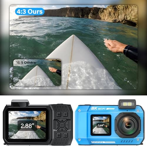 8K Digital Camera WiFi 33FT Underwater Camera for Snorkeling with 64GB Card 70MP Waterproof Camera Rugged Dustproof Shockproof Dual-Screen Selfie Autofocus Point and Shoot Digital Camera(Blue) 6