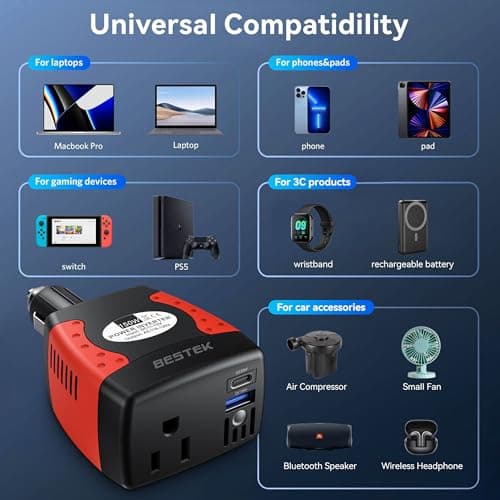 BESTEK 150W Power Inverter 12V to 110V Voltage Converter PD30W QC18W Car Charger Power Adapter with Charging Ports 4