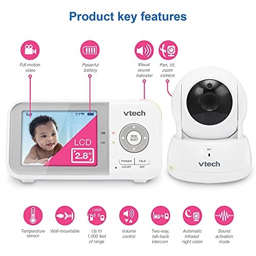 VTech VM923 Baby Monitor, 2.8” Screen, Pan-Tilt-Zoom, 1000ft Long Range, Night Vision, 2-Way Audio, Temperature Sensor, Lullabies, Secure Transmission No WiFi 2