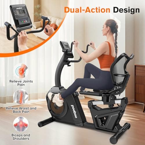 pooboo Recumbent Exercise Bike, Stationary Bikes for Home with Arm Exerciser, Magnetic Recumbent Bike with Ergonomic Backrest & Comfortable Seat, Smart APP, Pulse Sensor, 400LBS Weight Capacity 2
