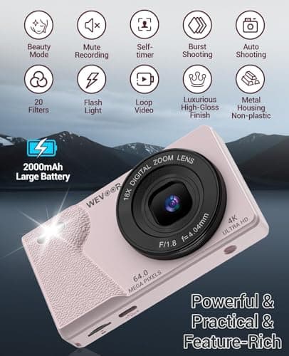 Wevoor 4K Digital Camera for Photography- 64MP Autofocus Vlogging Camera with Dual Lens, 18X Digital Zoom- Small Point and Shoot Camera with Card and 2000mAh for YouTube, Travel, Beginners (Pink) 3