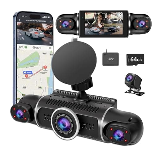 360° Dash Cam Front and Rear View 4 Channel Dash Camera FHD 2K+1080Px3 for Car, Inside/Back 170°+2x150°+170° Wide Angle, 8 IR Lamps Night Vision,WiFi,GPS, APP,G-Sensor with 64GB Card,24/7 Parking Mode